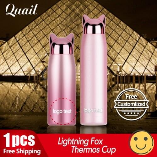 320ml Cute Double Wall Thermos Water Bottle Stainless Steel Vacuum Flasks Cute Cat Fox Ear Thermal Coffee Tea Milk Travel Mug