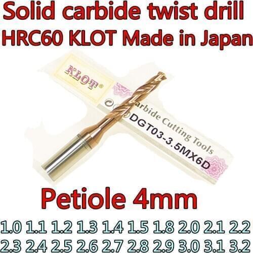 1.0mm - 3.2mm Petiole 4mm HRC60 KLOT Solid carbide twist drill Processing: stainless steel, die steel alloy steel. Etc