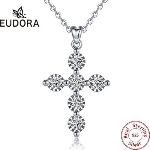 EUDORA 925 Sterling Silver Cross Pendant Necklace Solid silver Cross CZ necklace fine Jewelry with Chain For Women Man D504