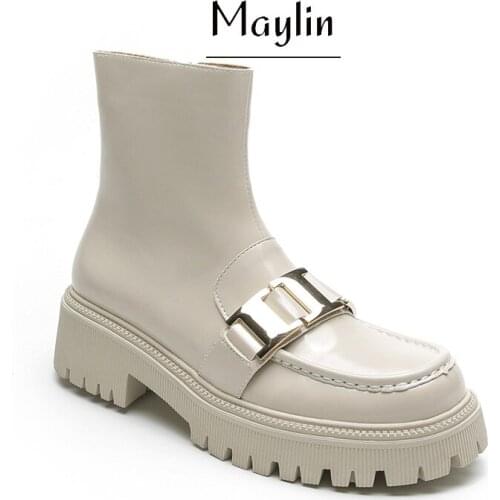 Green Thick-soled Ankle Boots for 2022 Women Autumn Winter Zipper Flat Platfrom Metal Buckle Patent Leather Woman Winter Shoes