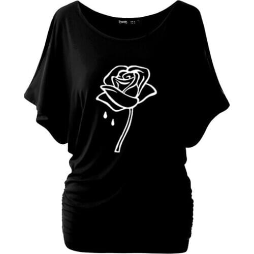 2019 New Fashion Rose Print T Shirt Women Cotton O Neck Batwing Short Sleeve Summer T-Shirt Tops Casual Tshirt Shirts Plus Size
