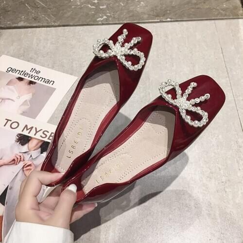 Womens shoes autumn 2020 new fashion pearl bowknot shallow patent leather soft bottom peas shoes flat shoes women