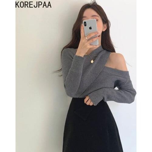 Korejpaa Women Pullover 2021 Autumn Korea Sweet Ladies Neckline Hanging Neck Leaking Shoulders Cross Irregular Knitted Sweaters