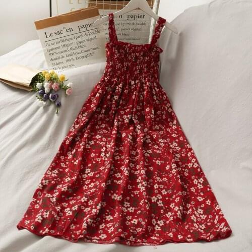 Summer Camisole Dresses 2021 Women New Chic Floral Print Elastic Pleated Dress Sleeveless High Waist Casual A-line Vestidos