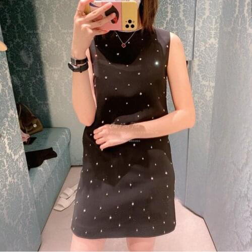 High-End Customization Women Vintage Black Sleeveless Loose Dress Luxry Diamond O-Neck Collar Elegant Temperament 2021 Summer