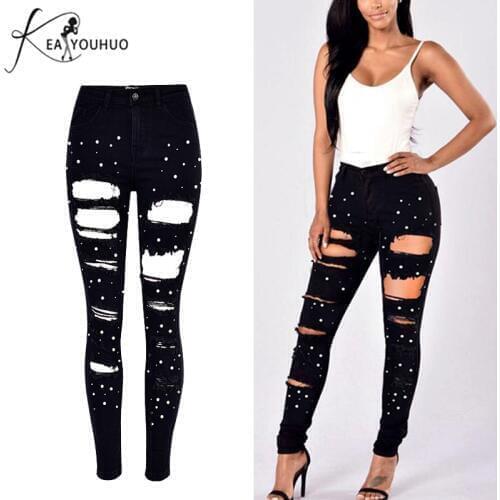 2020 Winter High Waist Boyfriend Ripped Jeans For Women Mom Jeans Plus Size Black Pearl Pencil Denim Skinny Jeans Woman Trousers