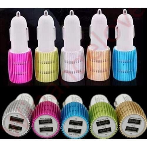 100pcs Dual USB Car Charger Metal 2 Ports Blue Led Light 2.1A Car chargers Adapter For iPhone 6 7 8 X for Samsung s9