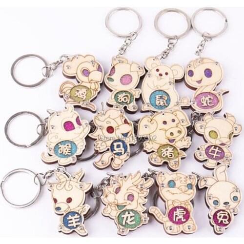 12PCS /lot Chinese zodiac Animal Shape Wood key ring key Chain Unique Design For Decoration