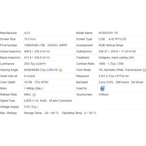 18 Inch AUO Display panel M185XW01 V5 M185XW01 V.5 M185XW01 V6 M185XW01 V.6 M185XW01 V7 M185XW01 V.7