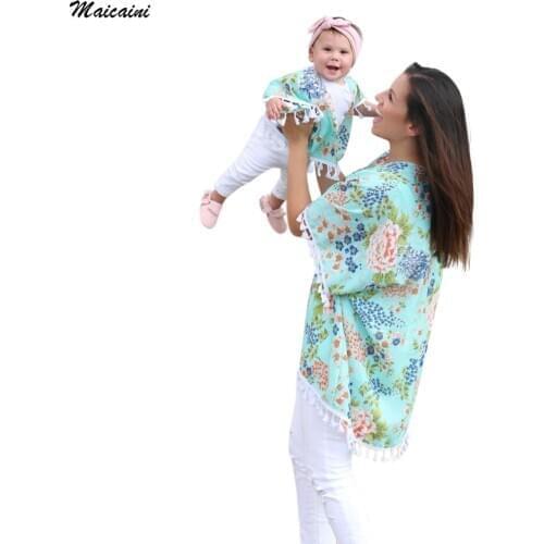 2018 Baby girls clothes shirt Mommy & Me Women Boho Style Kimono Oversized Cardigan Family Tassel Beachwear