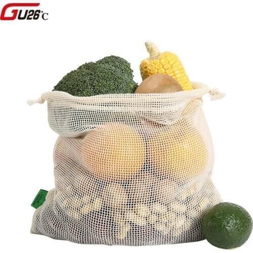 3 Pcs Reusable Produce Storage Bag Cotton Mesh Drawstring Shopping Bags Breathable Fruit Vegetable Muslin Bags Hot Selling