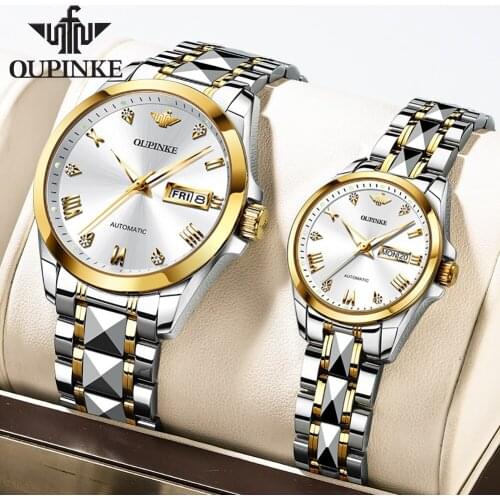 OUPINKE couple watches pair men and women Business waterproof Automatic mechanical table 18K gold diamond watch gift for lovers