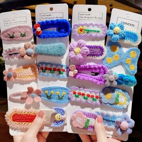 Childrens Handmade Knitted Wool Hairpin Cute Flowers Butterfly Bee Colorful Hair Clip Bangs Headband Hair Accessories for Girl