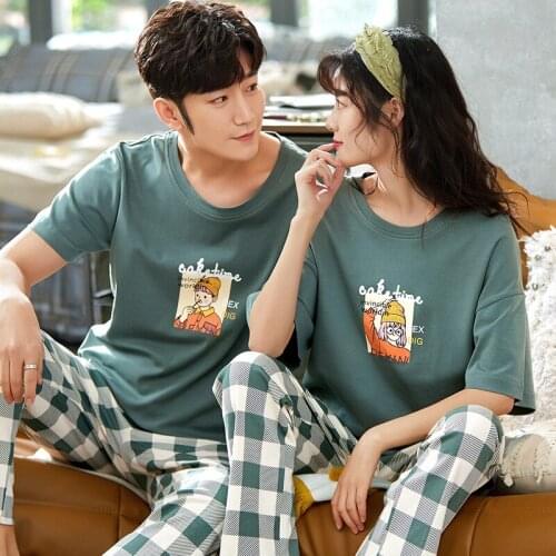 Home Style Couple Pajamas Set Spring Summer Short Sleeve Women Pajamas Cotton Cute Cartoon Casual Homewear Plus Size Sleepwear