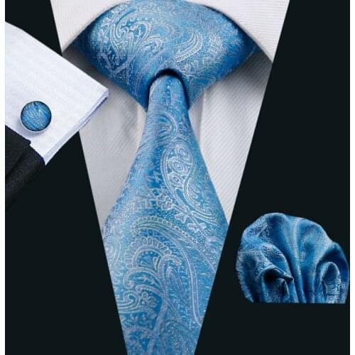 LS-566 2016 Hot New Men`s Tie 100% Silk Blue Paisley Jacquard Woven Tie+Hanky+Cufflinks Set For Formal Wedding Business Party