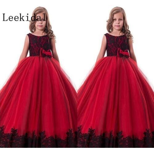Glamorous Kids Pageant Dresses Beauty Lace Appliques Black And Red Flower Girl Dresses Vestidos De Comunion Kids Formal Wear