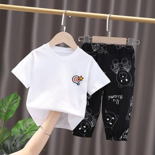 New Baby Summer Boys Clothes Set Kids Infant Lollipop Printing T-Shirt+cartoon Bear Fully Printing Pants Toddler Girls Clothing