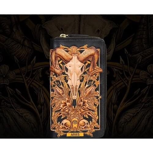 Handmade Genuine Leather Aries Wallets Cartoon Constellation Purses Men Long Clutch Vegetable Tanned Leather Card Holder