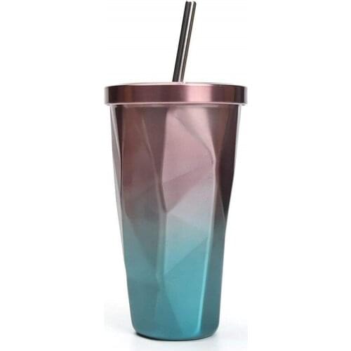 HOWTELEE Creative 304 stainless steel double-decker coffee straw cup 500ml diamond car cup outdoor drink cups SS tumbler