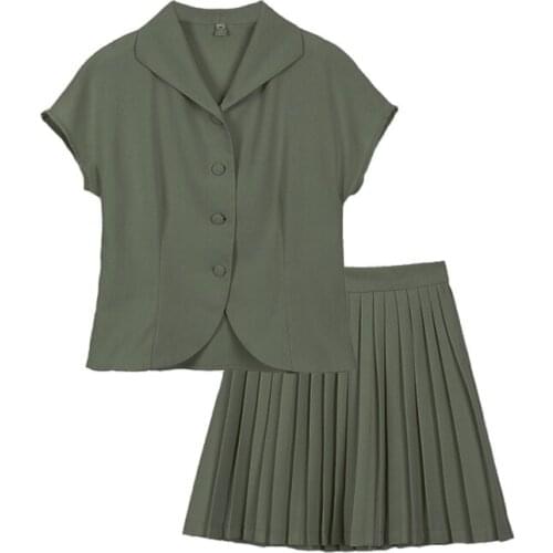 PERHAPS U Green Solid Turn Dwon Collar Short Sleeve Single-breasted Mini Pleated Skirt Two Piece Set T0406
