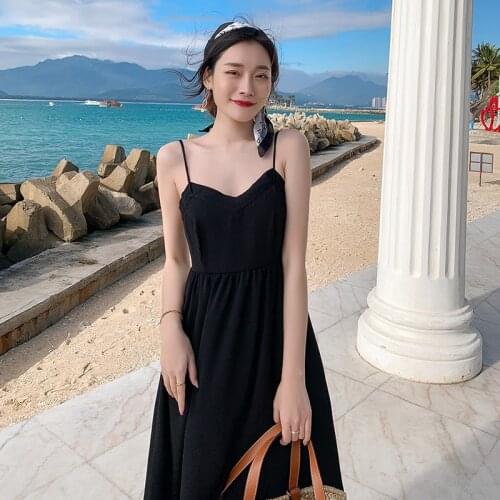 Fashion design summer women dress Swing skirt high quality straps long slip Dress with V-neck black sexy camisole normcore