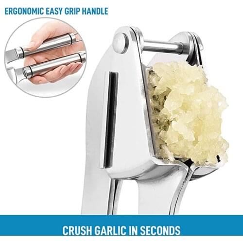 New Stainless Steel Garlic Press Mincer Crusher With Silicone Roller Brush Peeler Easy Squeeze Rust Proof