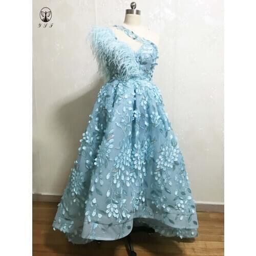 New Arrival Light Blue One Shoulder Beaded Sleeveless Feather Short Front Long Back Lace Prom Dresses