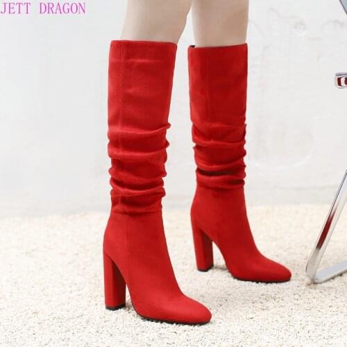 Autumn Winter Women Boots Fashion Pleated Knee High Boots Faux Suede Square High Heel Long Boots Slip on Round Toe Shoes Woman
