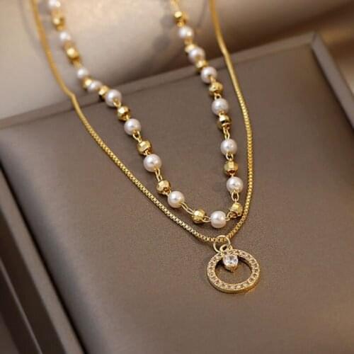 Origin Summer Stylish Gold Color Double Layer Beaded Circle Pendant Necklace for Women Hollow Imitation Pearl Necklace Jewelry