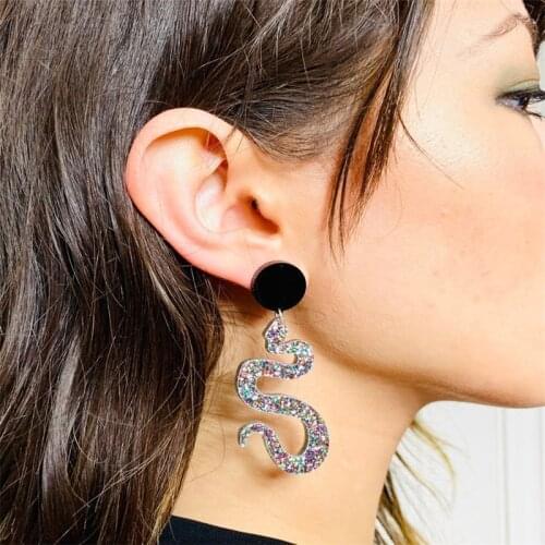 Rainbow Glitter Snake Dangle Earrings, Laser Cut Acrylic Earrings, Serpentine Earrings with Sterling Silver Posts