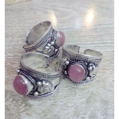 Christmas Gift Free Shipping 10pcs High Quality Tibet Silver Carved Lace inlay Pink Crystal Bead Nepal Ring Adjustable Size