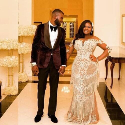 3D Appliques Mermaid Wedding Dresses African Gowns Tassels beads Plus Size Bridal Dress Long Sleeves robe de soirée de mariage