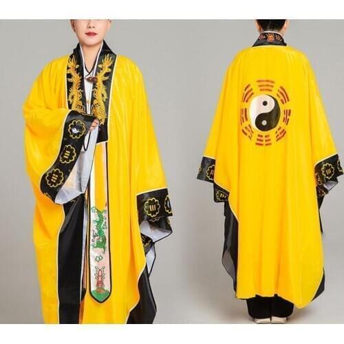 Unisex high quality Taoist dragon collar cassock robe taoism clothing vestment tai chi bagua gown garment red/yellow