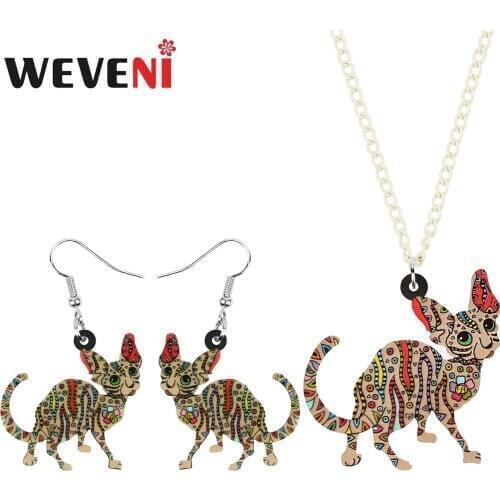 WEVENI Acrylic Canadian Hairless Cat Jewelry Sets Floral Cute Kitten Animal Earrings Necklace For Women Kids Lover Classic Gift