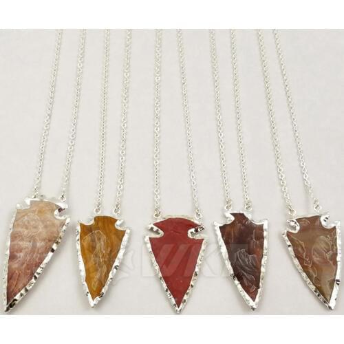 WT-N967 Wholesale Custom Natural Arrow Raw Stone Double Loop Pendan Necklace With Silver Plated In Various Stone Jewelry Making