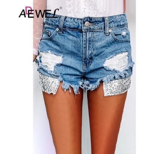 ADEWEL 2020 Summer High Waist Ember Silver Sequin Pocket Denim Shorts Pantalones Vaqueros Mujer Jeans For Women Clothes XL