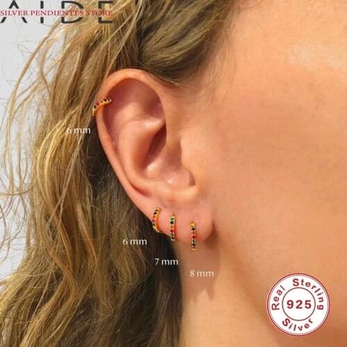 AIDE Pendientes Plata 925 Sliver Colorful Zircon Crystals Huggies Earrings For Women Hoop Earrings Bulk Skinny Rainbow Jewelry