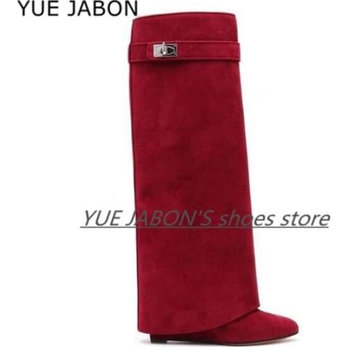 2021 Metal Shark-Lock Design Women Wedge Boots Suede Knee High Boots Winter Female Pointed Toe Genuine Leather Long Botas Mujer