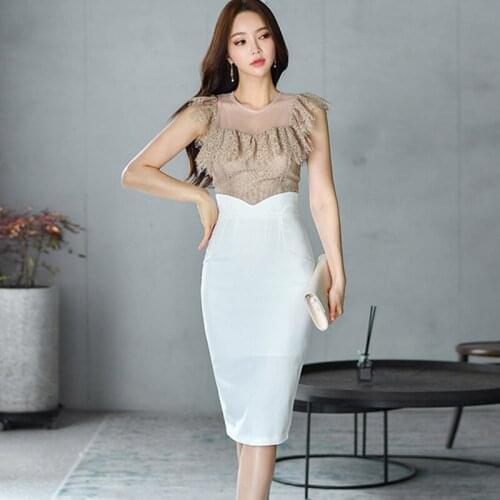 New Korean Style Fashion Ladies Summer Elegant Skinny Set Sexy O-Neck Mesh Lace Ruffled Tops And High Waist Skirt Two Piece Set