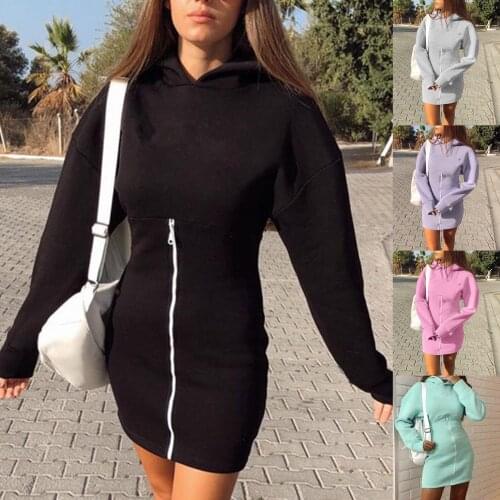 Women Solid Color Hooded Slim Long Sleeve Zipper Sweatshirts Dress 2021 Autumn Winter Casual Hip Mini Dresses vestido de mujer