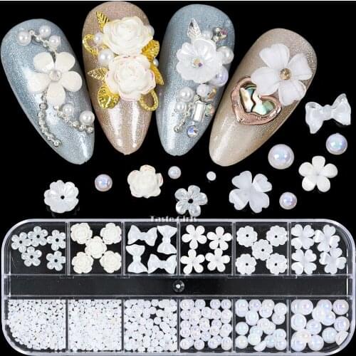 12Grids/Box Mix Various Flowers AB Flatback Half Pearl with Caviers Arylic Nail Art Rhinestone Decorations Manicure DIY Gems