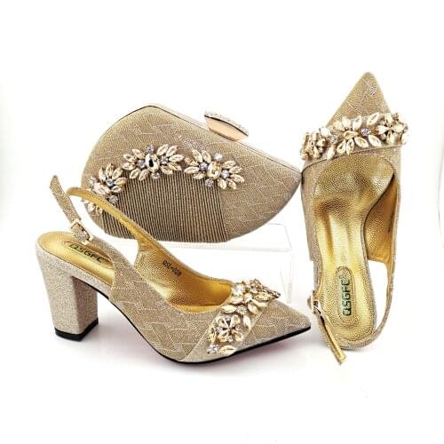 2021 Italian Design Nigerian New Arrival Fashion Special Crystal Style Elegant Women Shoes and Bag Set in Gold Color for Party