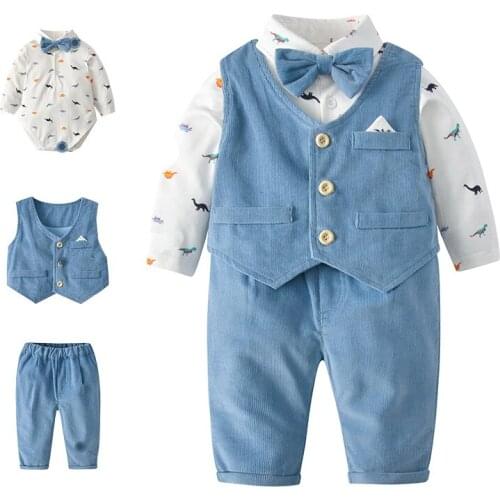 3pcs/Set Childrens Suit Boy Gentleman Dress Suit Dinosaur Pattern Shirt Newborn Vest Gentleman Year Old Suit Birthday Gift