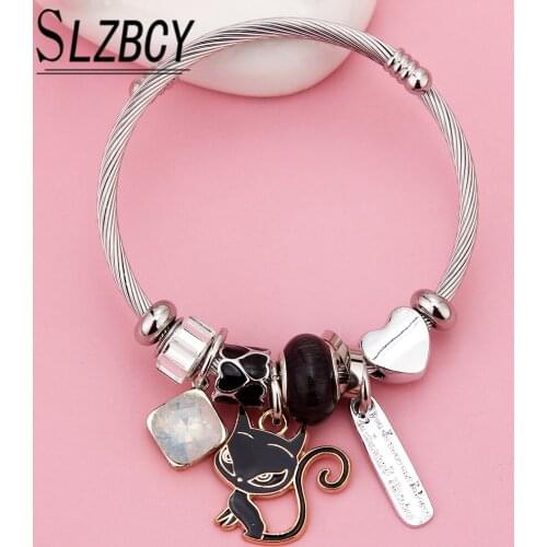 Cute Black White Cat Charm Bracelets & Bangles New Fashion Heart-shape Bead Stainless Steel Bangle Girl Women Jewelry Party Gift