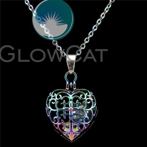 C787 Rainbow Heart Cross Beads Cage Essential Oil Diffuser Aroma Pearl Cage Locket Necklace Kids Girl Party Gift