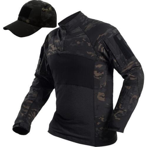 Multicam Black Tactical Long Sleeve T Shirt Men SWAT Soldier Uniform Combat Shirts Fitness Breathable Paintball Army T-Shirt+Hat