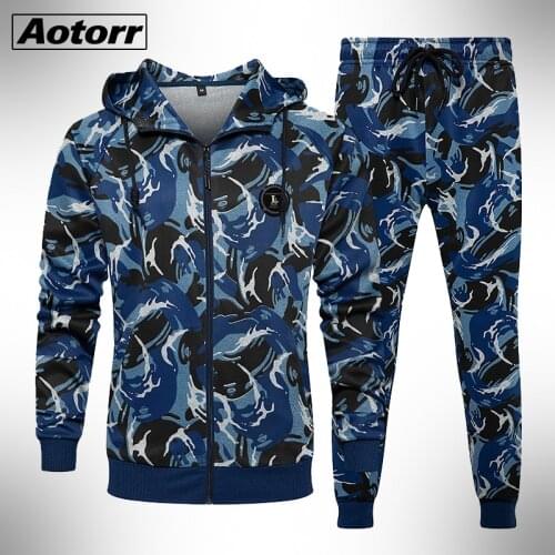 Camouflage Tracksuit Men Two Pieces Set Fashion Mens Sportswear Male Jacket Hoodie + Pants Sweatsuit Cardigan Clothes Hombre