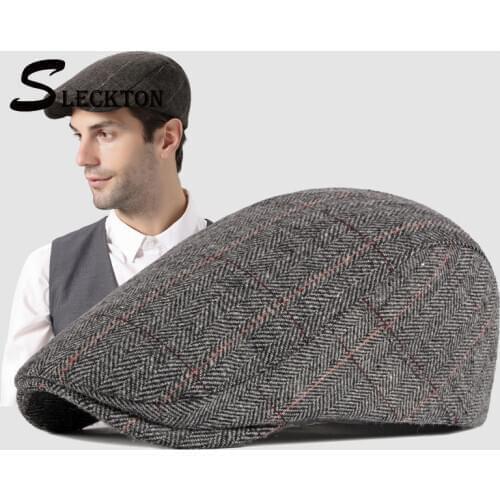 SLECKTON Fashion Men Newsboy Cap Casual Plaid Mens Berets Tweed Dad Hats France Flat Cap Autumn Peaked Hat Herringbone Cap
