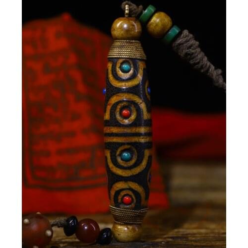 4"Tibet Temple Collection Old Natural agate Filigree mosaic Gem Dzi Bead Nine Eyes Town House Exorcism Ward off evil spirits