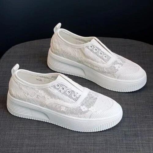 Womens Casual Shoes Breathable Mesh Flower Lace Fashion Flat Shoes Ladies Shallow White Loafers Comfort Slip On Femme Sneakers